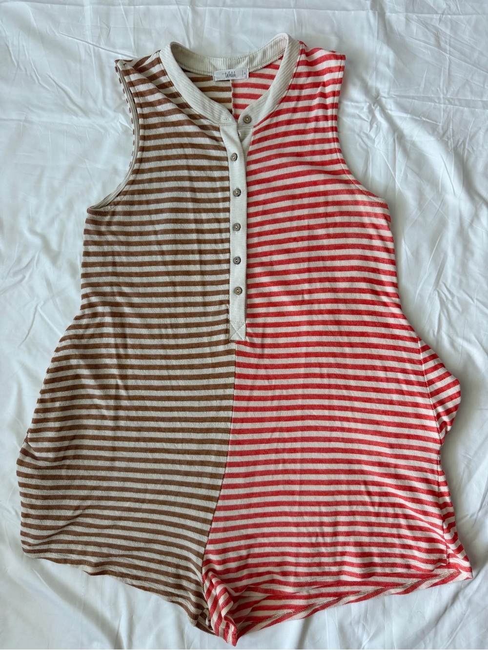 Shop Talulah striped sleeveless henley romper Brown-Orange size Large